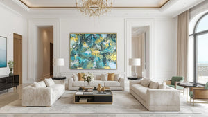 Coastal commission by Charles Pedone in Dubai beachfront villa — emerald greens, 24k gold, dimensional polished resin, iridescent finish, bespoke series.