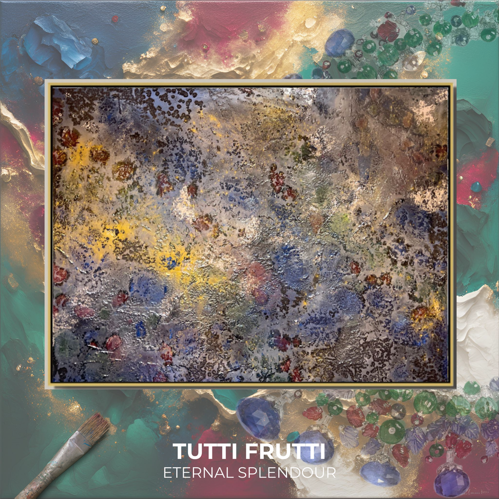  "‘Tutti Frutti Cartier Collier Hindou’ – Luxurious Abstract Art from the Eternal Splendour Series by Charles Pedone | Gold-Infused Masterpiece with Opulent, Vibrant Hues | Perfect for High-End Interiors & Exclusive Collections | Explore Now at www.pedoneart.com"